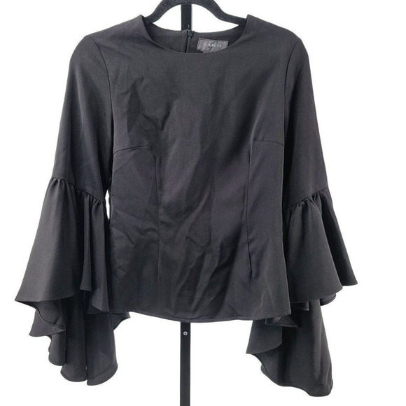 Gracia Black Ruffle Bell Sleeve Top Blouse Zip Up Black Women's Size Small - Picture 3 of 7